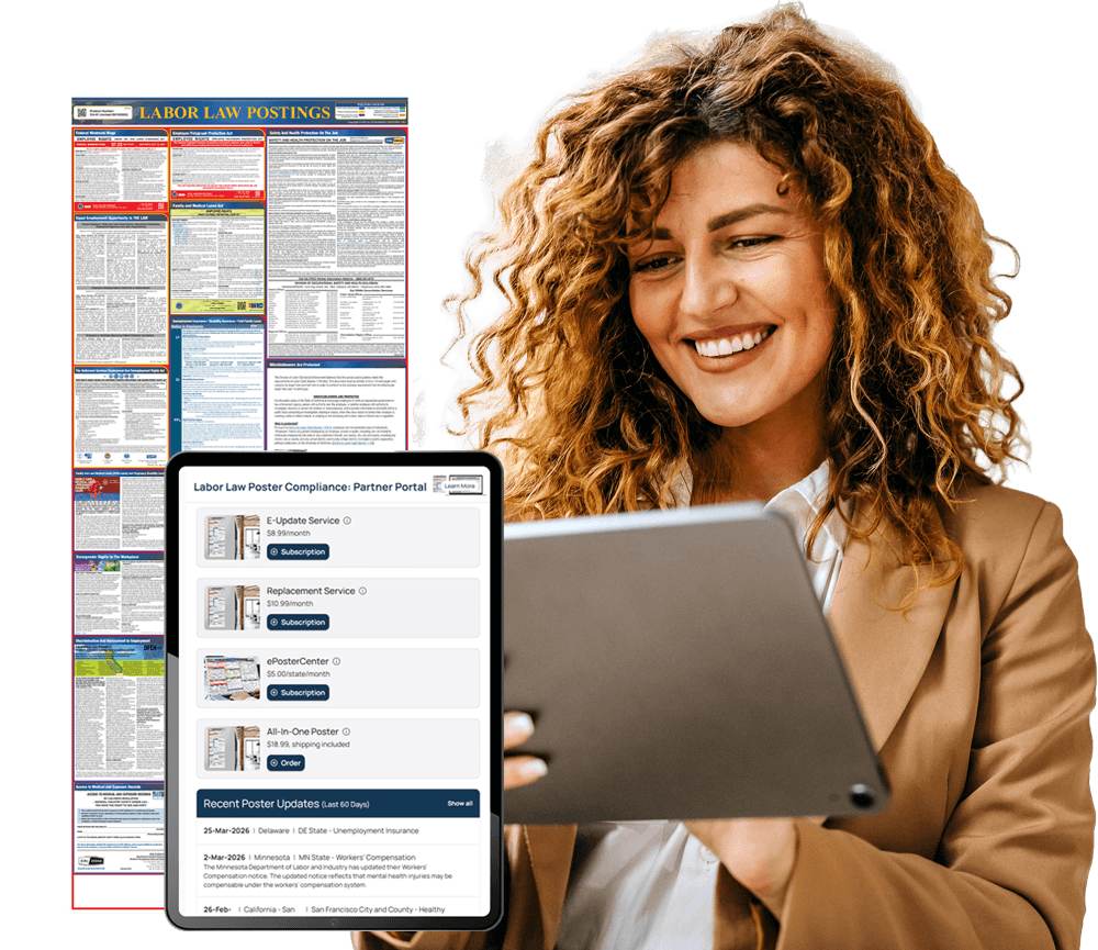 Female professional workng on a tablet. A screen shows the Labor Law Poster portal.